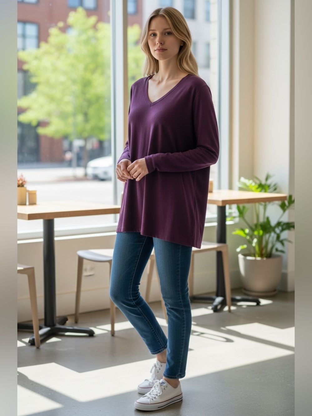 Eddie Bauer Women's V-Neck Long Sleeve Tunic Top - Plum